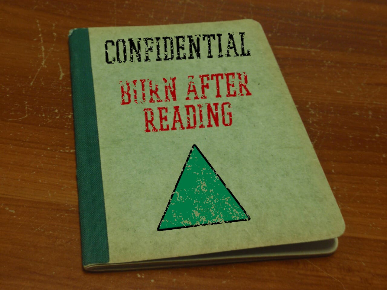 A folder with a green delta and a worn label, CONFIDENTIAL: BURN AFTER READING.