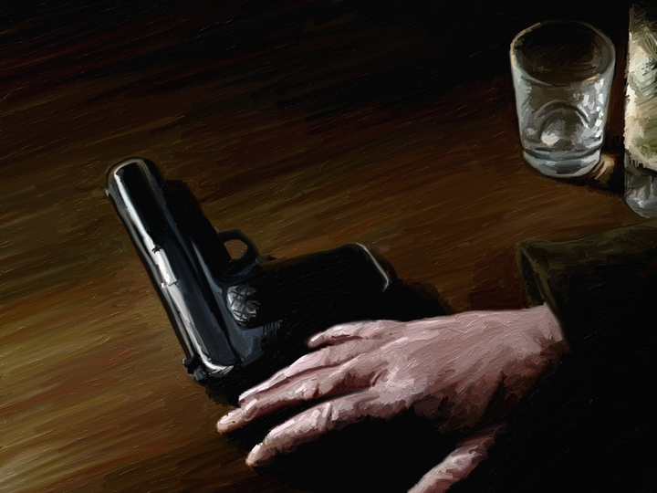 A whisky glass. A gun. A hand, choosing.