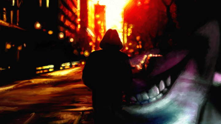 An image from Delta Green: God's Teeth: a hooded figure walks a city street beneath a half-seen, predatory smile.