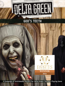 Cover of Delta Green: God's Teeth, featuring a horrifying nun-like thing devouring a child's hair.