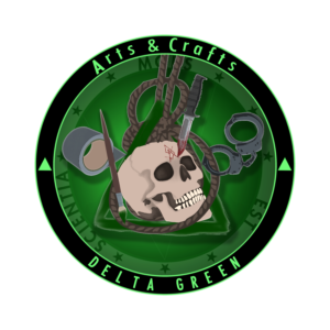 Logo for Arts & Crafts with Delta Green, featuring a skull with an Elder Sign carved into forehead with a tactical knife, a paintbrush and painted green delta, rope, duct tape, and handcuffs.
