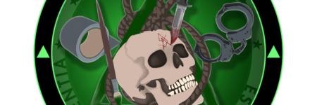 Logo for Arts & Crafts with Delta Green, featuring a skull with an Elder Sign carved into forehead with a tactical knife, a paintbrush and painted green delta, rope, duct tape, and handcuffs.