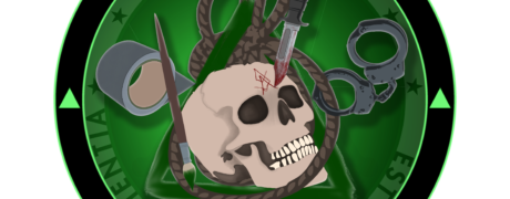 Logo for Arts & Crafts with Delta Green, featuring a skull with an Elder Sign carved into forehead with a tactical knife, a paintbrush and painted green delta, rope, duct tape, and handcuffs.