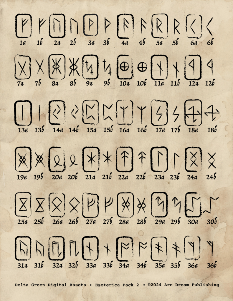 Sample page of PDF included with the Delta Green Digital Assets Esoterica Pack 2. It features examples of the ancient runes included in the pack.