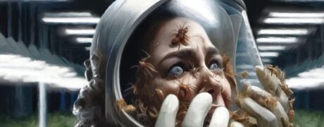 Cover of Delta Green: God's Hunt featuring a woman in hazmat suit or bee-keeping suit reacting in horror as she is covered in bugs. She stands in a room that looks like a large grow room.